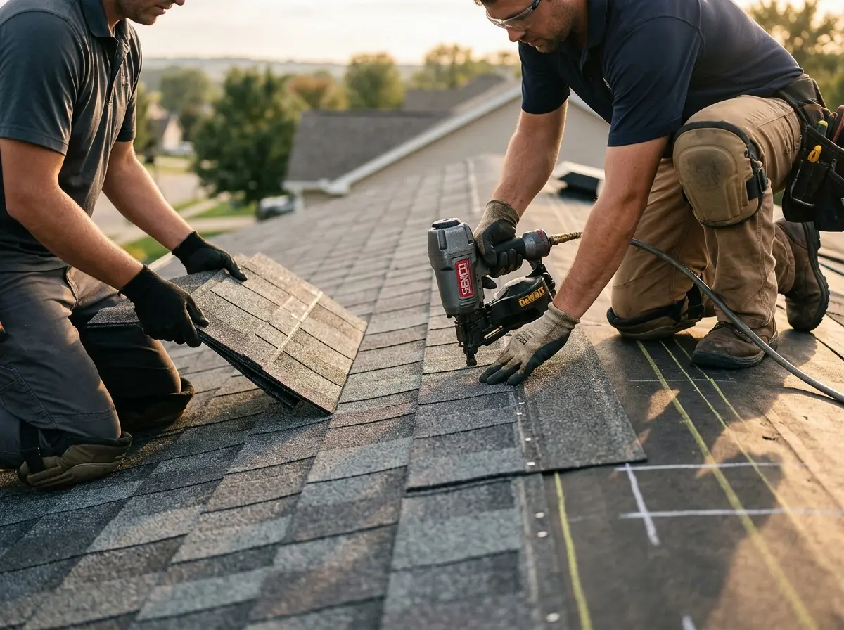 Professional roofer working on a residential roof in Haverhill